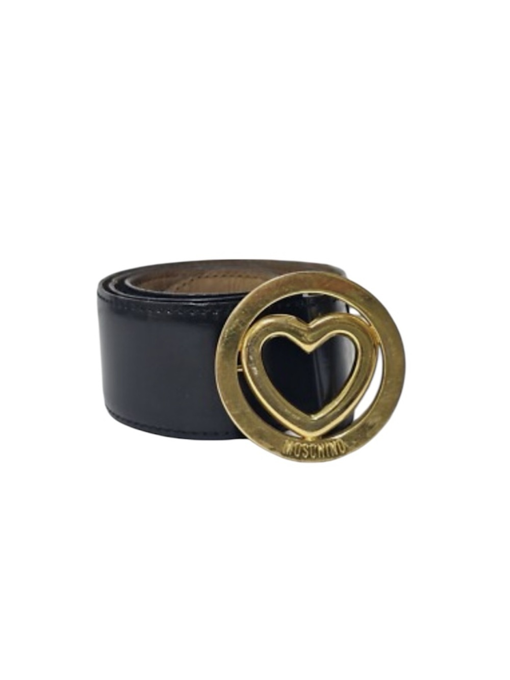 Moschino Black Leather Belt with Gold Heart Circle Buckle